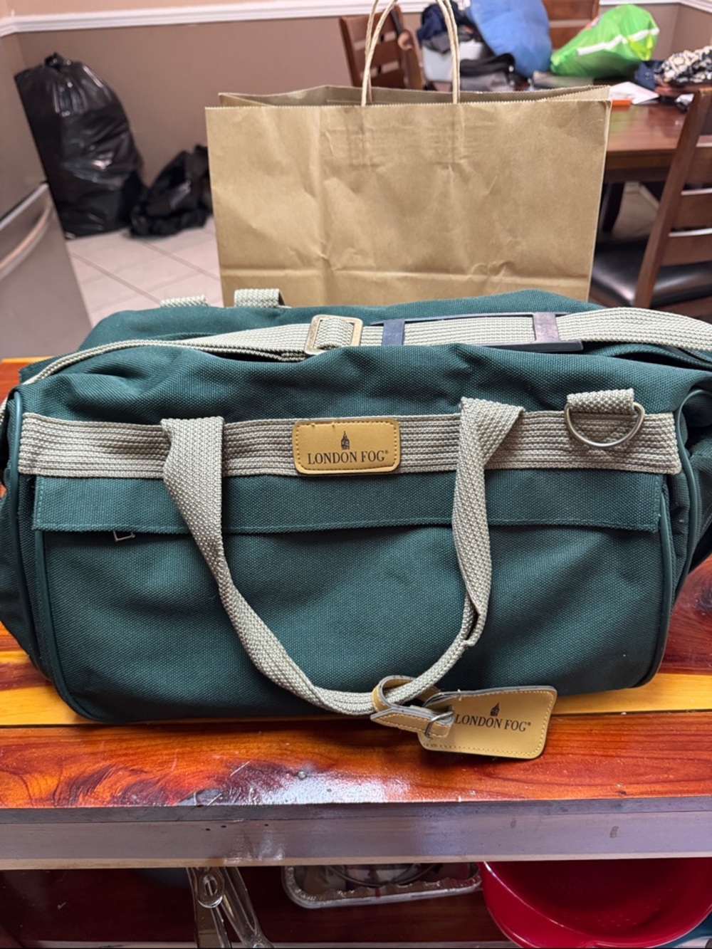 London Fog Forest Green Canvas Duffel with Tan Accents